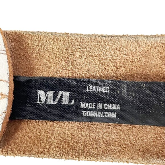 White Distressed Leather Belt with Boho Brass Floral Buckle by Goorin, Size M/L - Picture 4 of 8